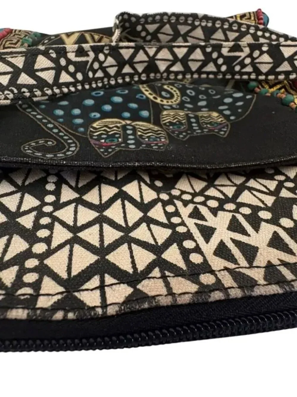 Vintage Y2K LAUREL BURCH Beaded Egyptian Cat Crossbody Handbag Purse Boho Retro
